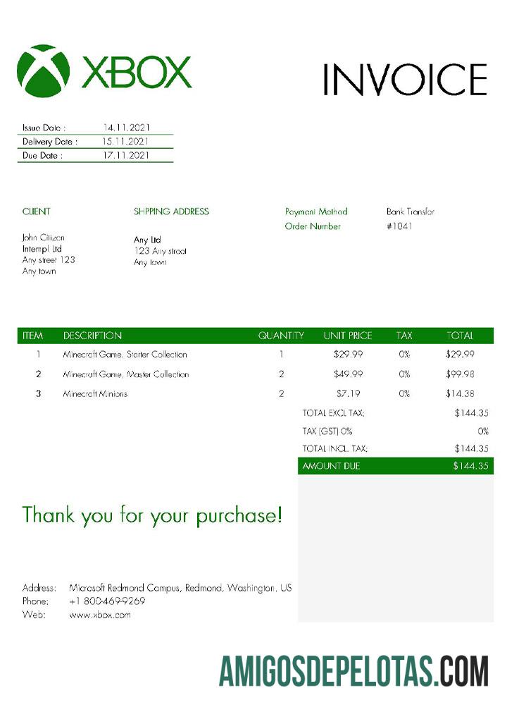 em branco Modelo de fatura Xbox dos EUA